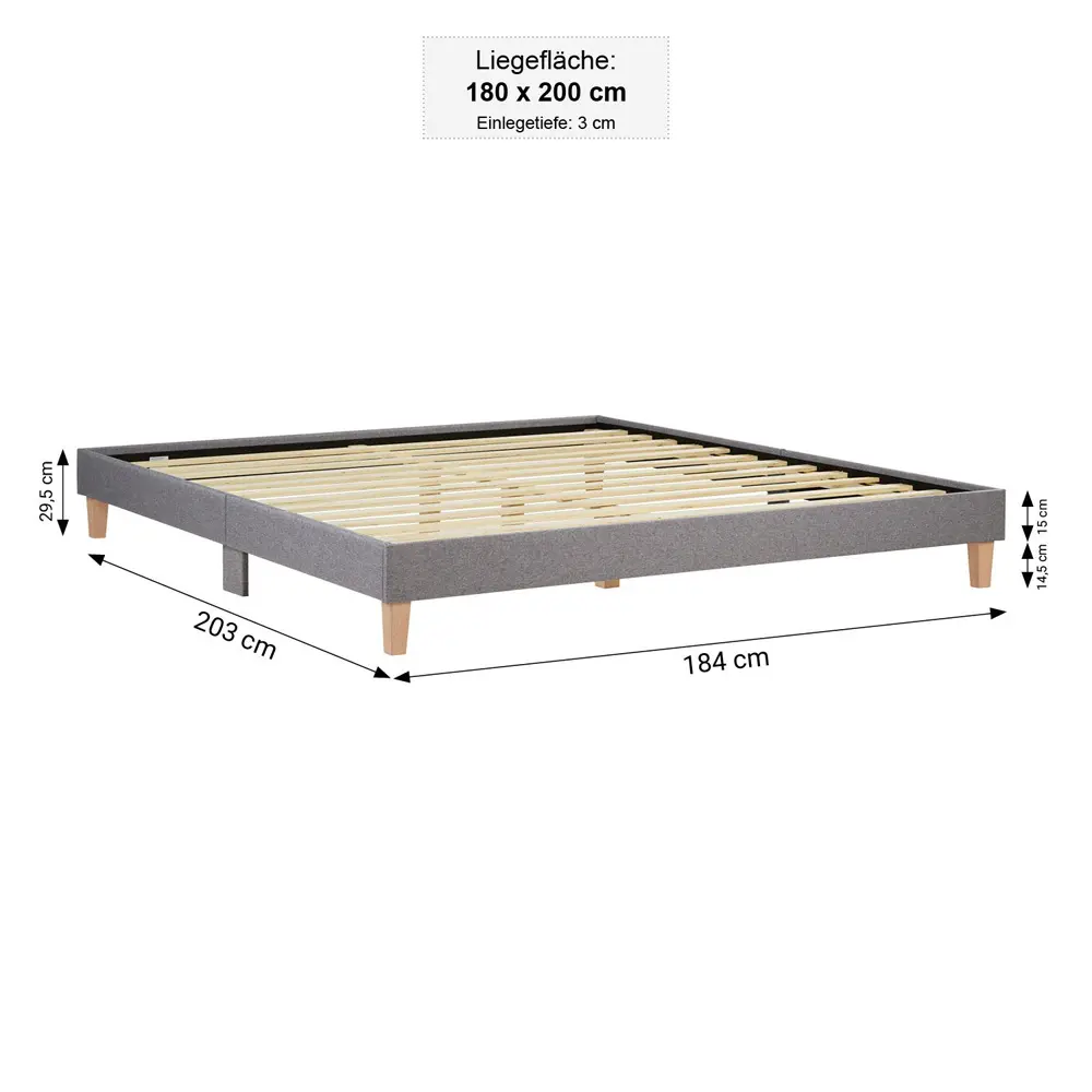 Polsterbett 180x200 - Doppelbett ohne Kopfteil - Farbe: Grau