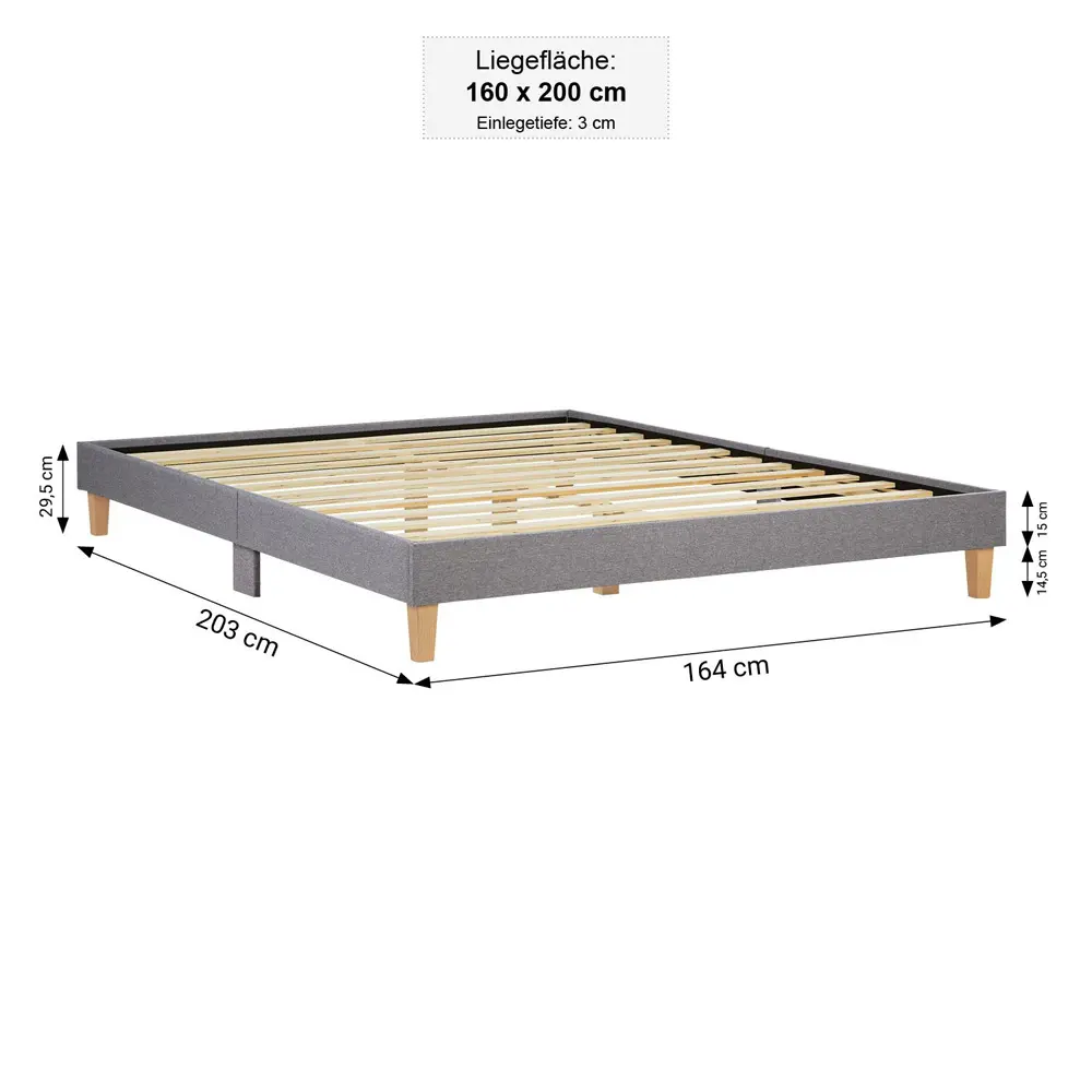 Polsterbett 160x200 - Doppelbett ohne Kopfteil - Farbe: Grau