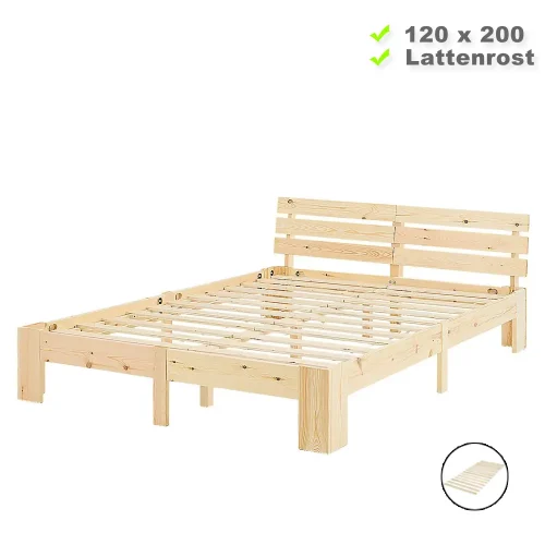 Massivholzbett 120x200 – Bett aus Echtholz mit hohem Kopfrahmen – Farbe: Natur