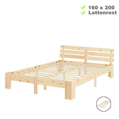 Massivholzbett 160x200 – Echtholz Doppelbett mit einem hohen Kopfteil – Farbe: Natur