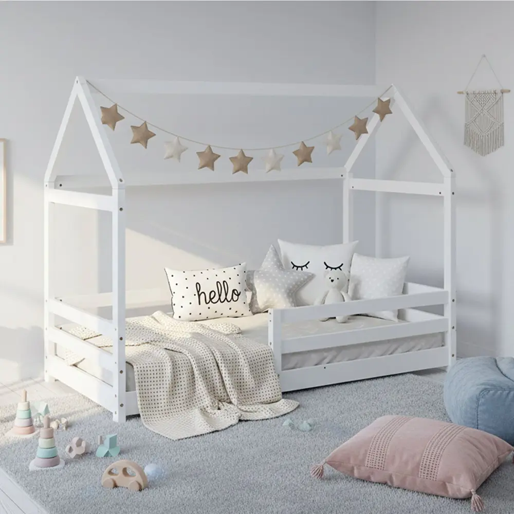 Hausbett aus Echtholz 80x160 - Kinderbett mit Rausfallschutz - Farbe: Weiß