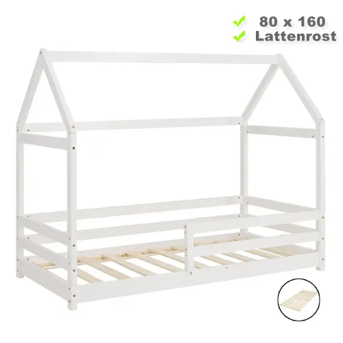 Hausbett aus Echtholz 80x160 - Kinderbett mit Rausfallschutz - Farbe: Weiß