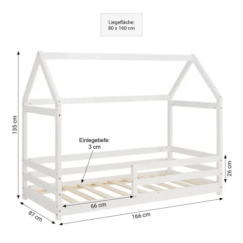 Hausbett aus Echtholz 80x160 - Kinderbett mit Rausfallschutz - Farbe: Weiß
