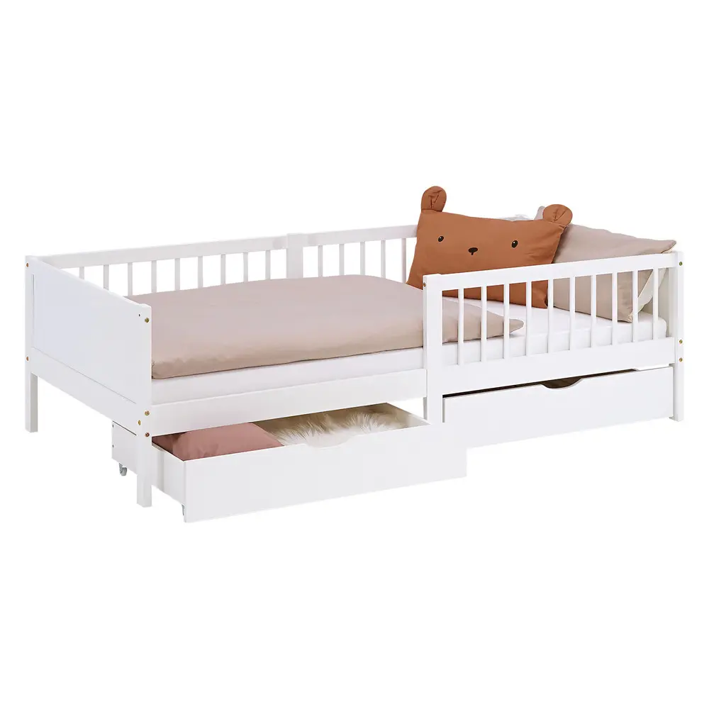 Junior-Kinderbett 90x200 - Bodennahes Holzbett mit zwei Bettkästen und Rausfallschutz - Farbe: Weiß