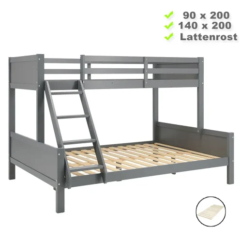 Etagenbett mit zwei Liegeflächen - 90x200 und 140x200 - Doppelstockbett aus Vollholz - Farbe: Grau