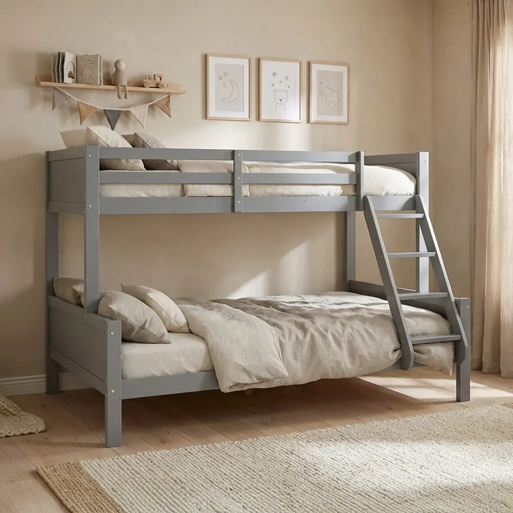 Etagenbett mit zwei Liegeflächen - 90x200 und 140x200 - Doppelstockbett aus Vollholz - Farbe: Grau