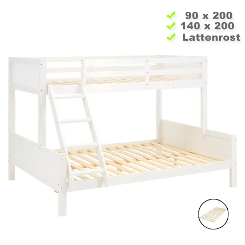 Doppelstockbett 90x200 und 140x200 - Vollholz Etagenbett für Kinder - Farbe: Weiß