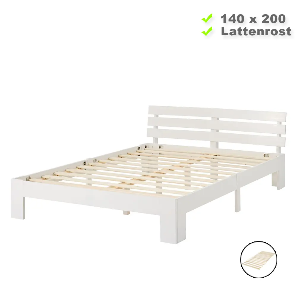 Massivholzbett 140x200 - Doppelbett aus Echtholz mit Komfort Kopfteil - Farbe: Weiß