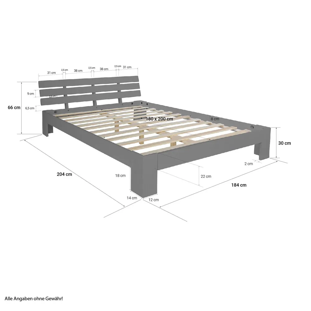 Massivholzbett 180×200 cm - Doppelbett Grau mit Rückenlehne