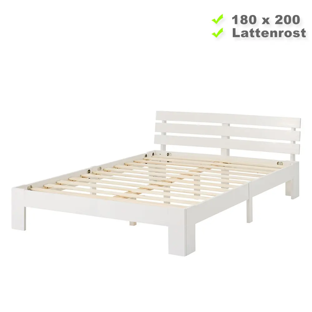 Massivholzbett 180x200 – Doppelbett aus Echtholz mit einem höheren Kopfteil – Farbe: Weiß