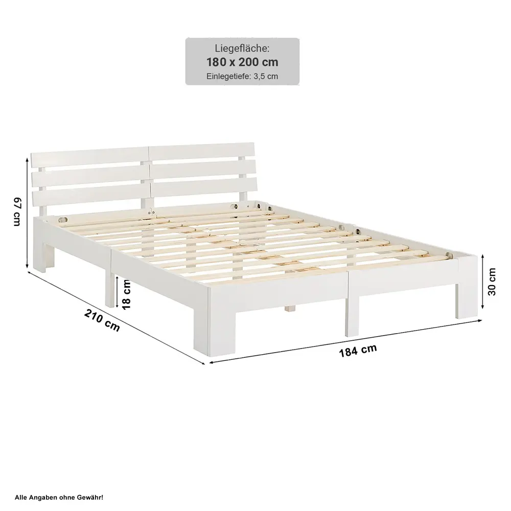 Massivholzbett 180x200 – Doppelbett aus Echtholz mit einem höheren Kopfteil – Farbe: Weiß