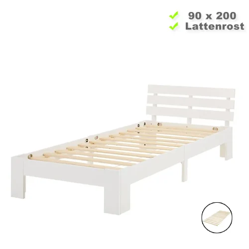 Massivholzbett 90x200 – Einzelbett aus Kiefernholz mit einer hohen Komfortlehne - Farbe: Weiß