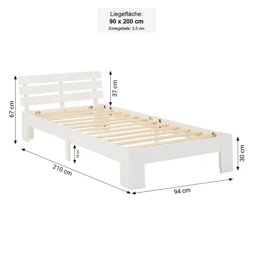 Massivholzbett 90x200 – Einzelbett aus Kiefernholz mit einer hohen Komfortlehne - Farbe: Weiß