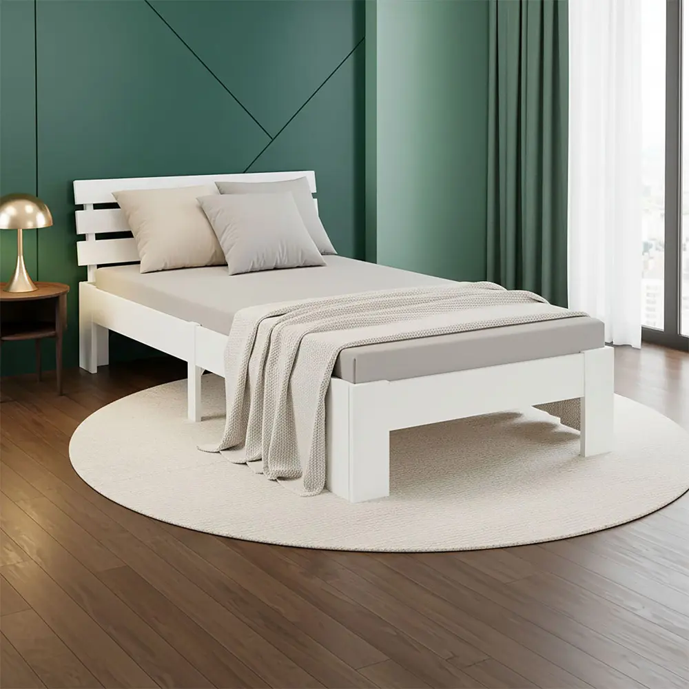 Massivholzbett 90x200 – Einzelbett aus Kiefernholz mit einer hohen Komfortlehne - Farbe: Weiß