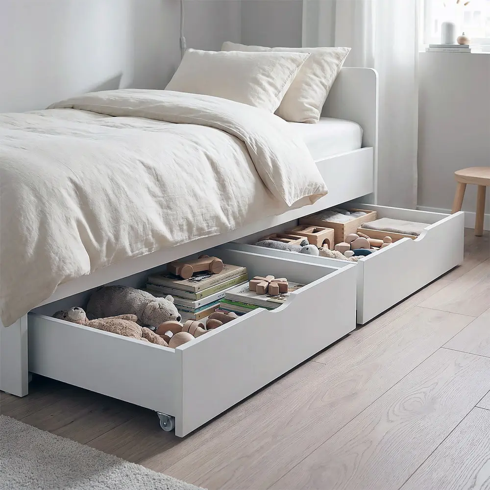 Bettschubladen für mehr Stauraum unter dem Bett - 2 Bettkästen mit Rollen – Farbe: Weiß