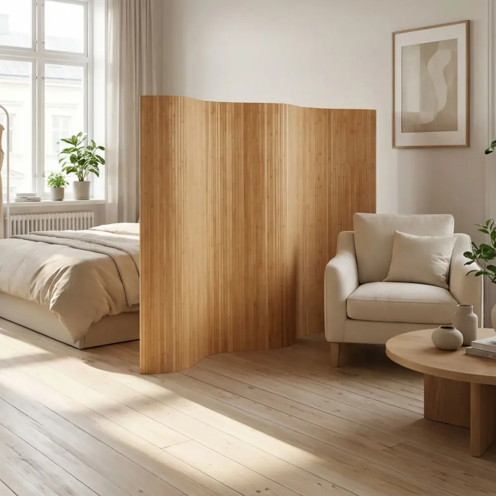 Raumtrenner Raumteiler 145 cm Höhe 250 cm Breite - Sichtschutz aus Bambus im Wellenformat - Farbe: Braun