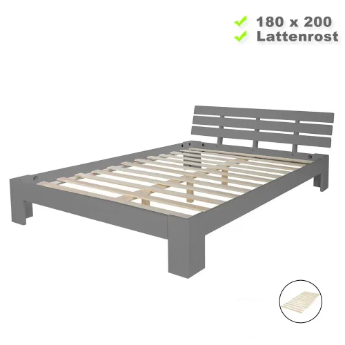Massivholzbett 180x200 - Doppelbett aus Vollholz mit Komfort-Rückenlehne – Farbe: Grau