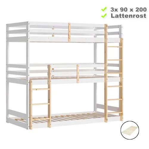 Kiefernholz Etagenbett 3x 90x200 cm - Kinderbett mit drei Schlafplätzen - Farbe: Weiß mit Natur