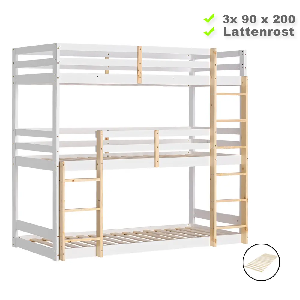 Kiefernholz Etagenbett 3x 90x200 cm - Kinderbett mit drei Schlafplätzen - Farbe: Weiß mit Natur