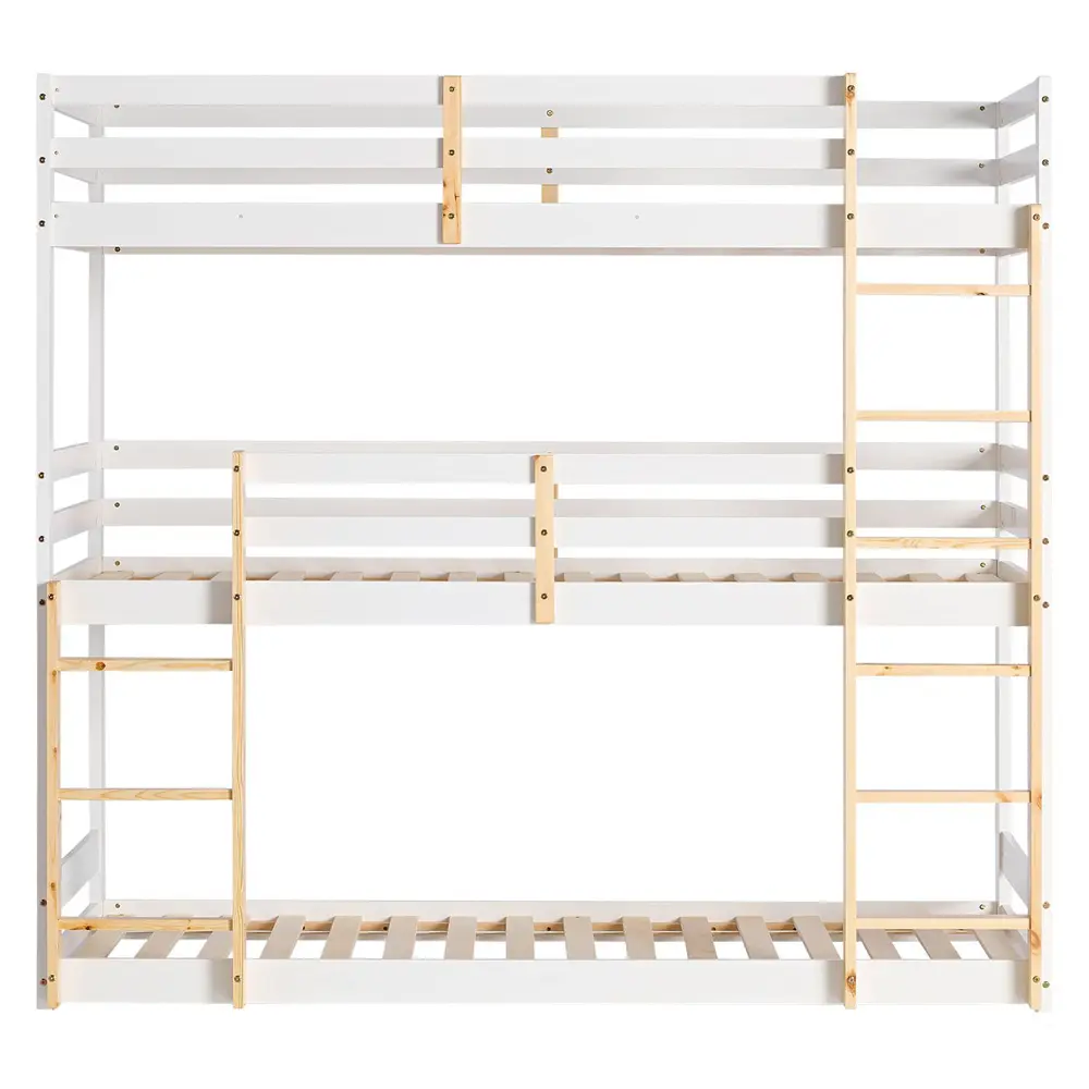 Kiefernholz Etagenbett 3x 90x200 cm - Kinderbett mit drei Schlafplätzen - Farbe: Weiß mit Natur