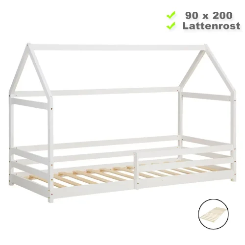 Massivholzbett für Kinder 90x200 - Hausbett mit Rausfallschutz im Montessori-Design - Farbe: Weiß