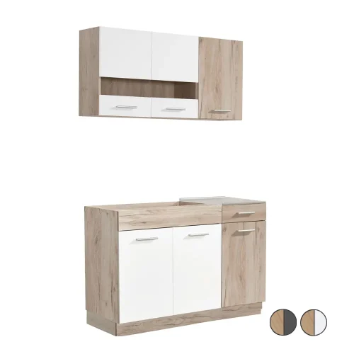 Küchenmöbel 120 cm Breite - Kücheneinheit mit zwei Küchenzeilen - Farbe-Auswahl: Natur-Weiß Natur-Grau