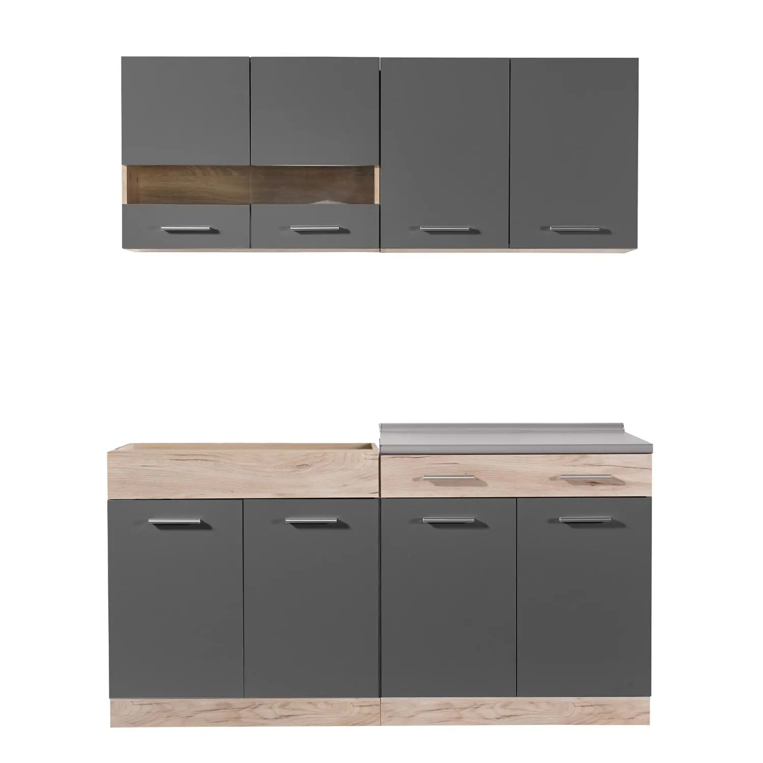 Küchenblock 160 cm Breite - Modulküche mit Oberschränken und Unterschränken - Farbe: Natur-Grau