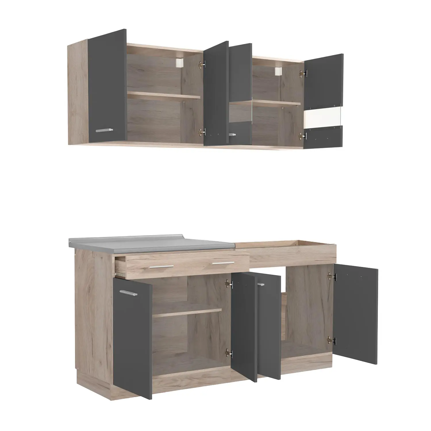 Küchenblock 160 cm Breite - Modulküche mit Oberschränken und Unterschränken - Farbe: Natur-Grau