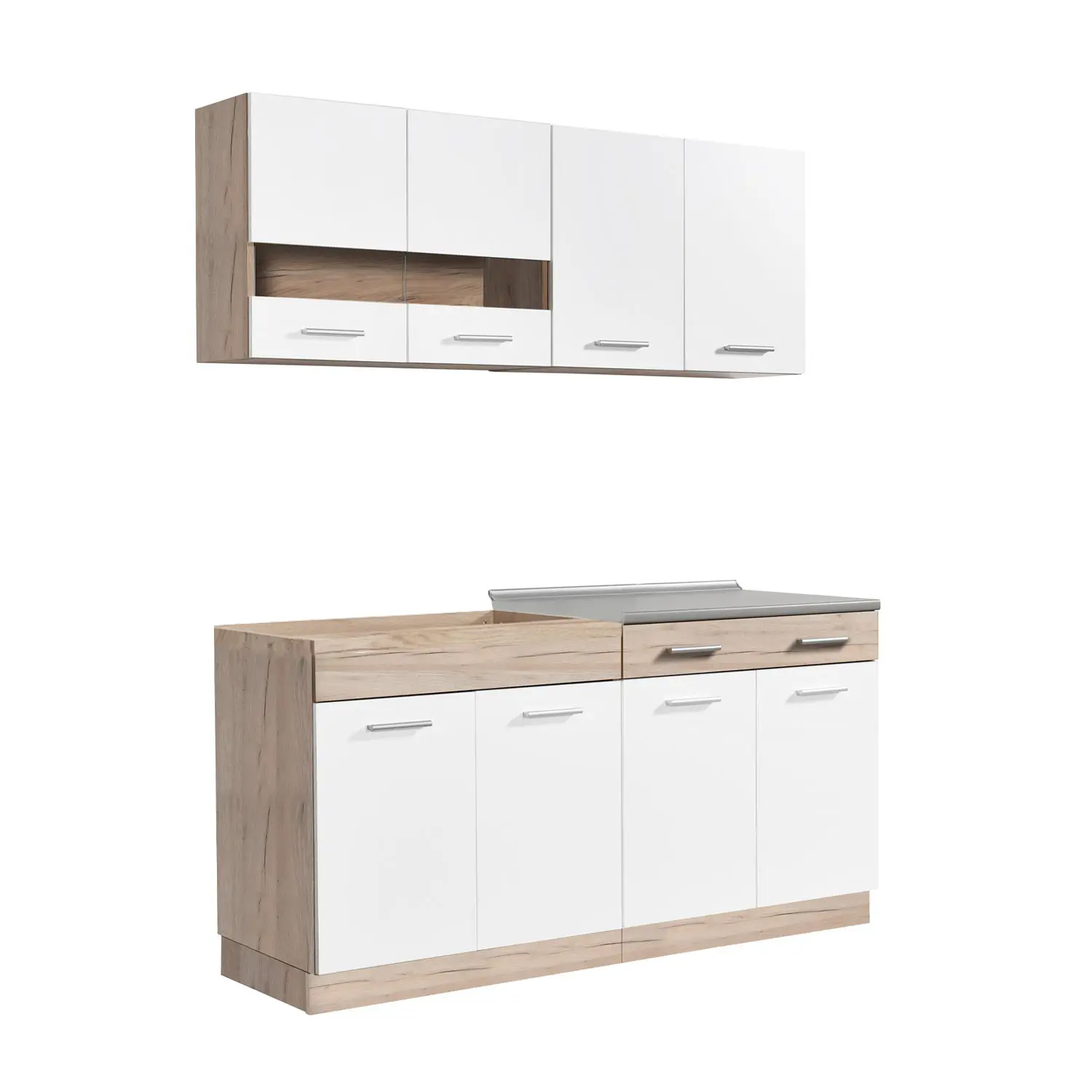 Küchenblock 160 cm Breite - Modulküche mit Oberschränken und Unterschränken - Farbe: Natur-Weiß