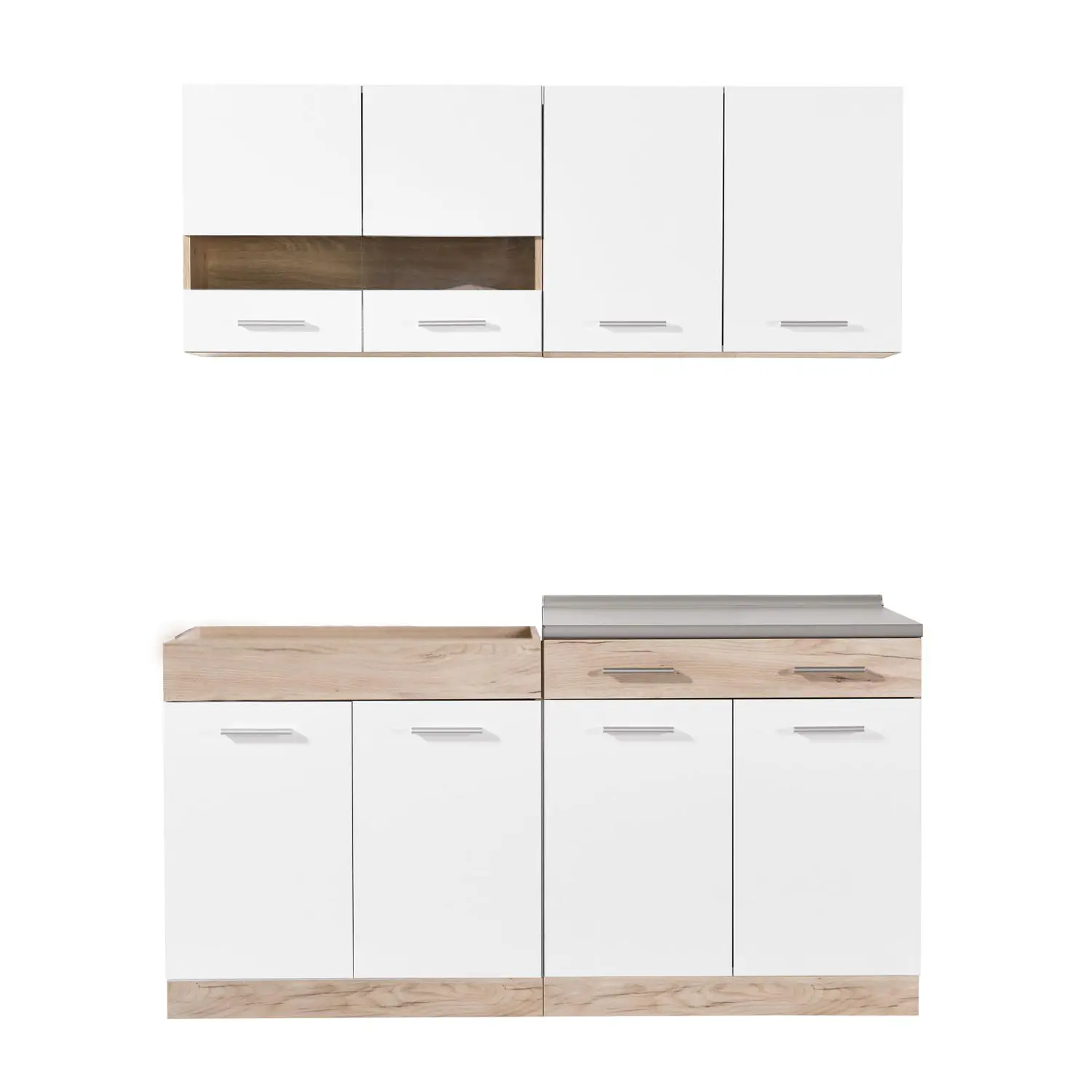 Küchenblock 160 cm Breite - Modulküche mit Oberschränken und Unterschränken - Farbe: Natur-Weiß