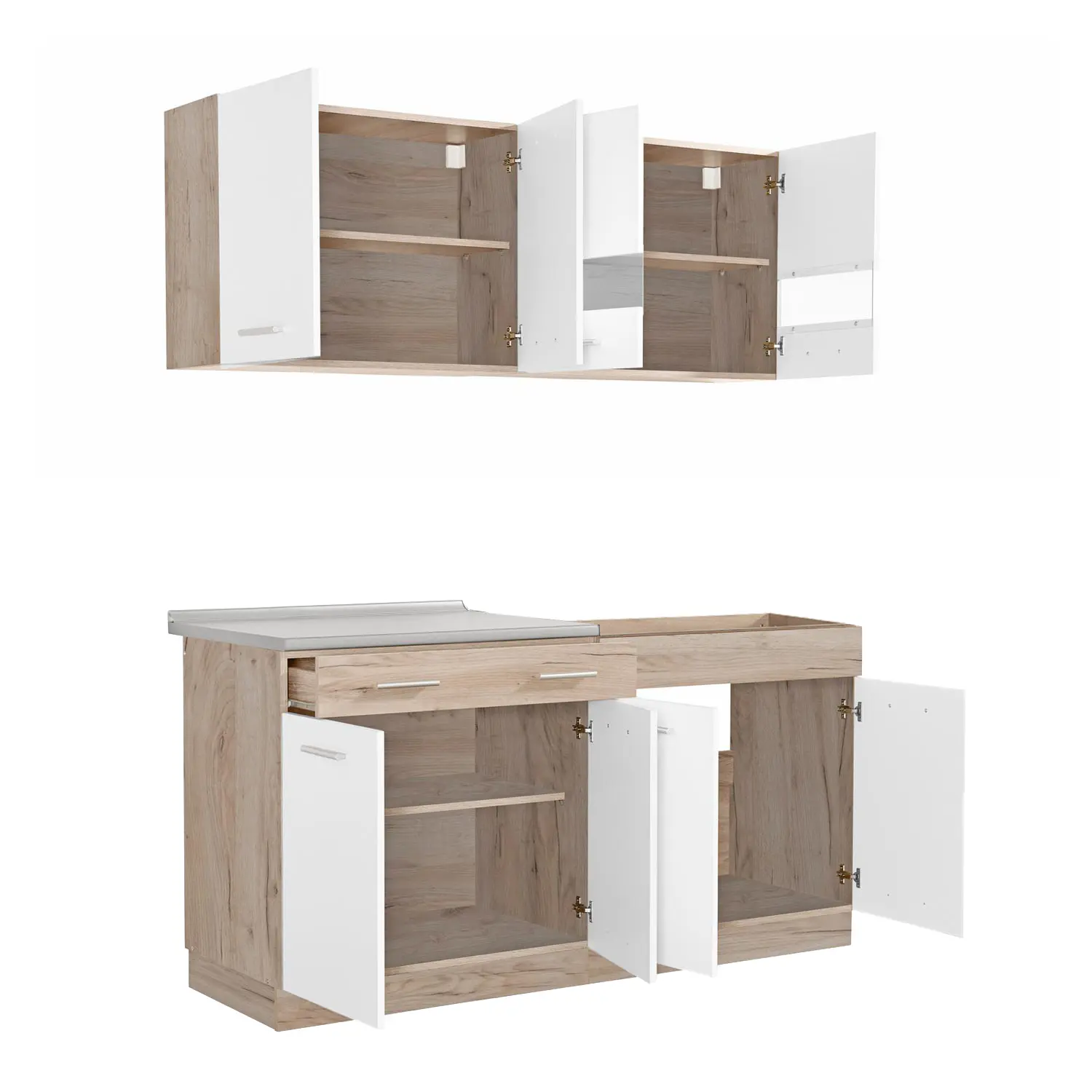 Küchenblock 160 cm Breite - Modulküche mit Oberschränken und Unterschränken - Farbe: Natur-Weiß