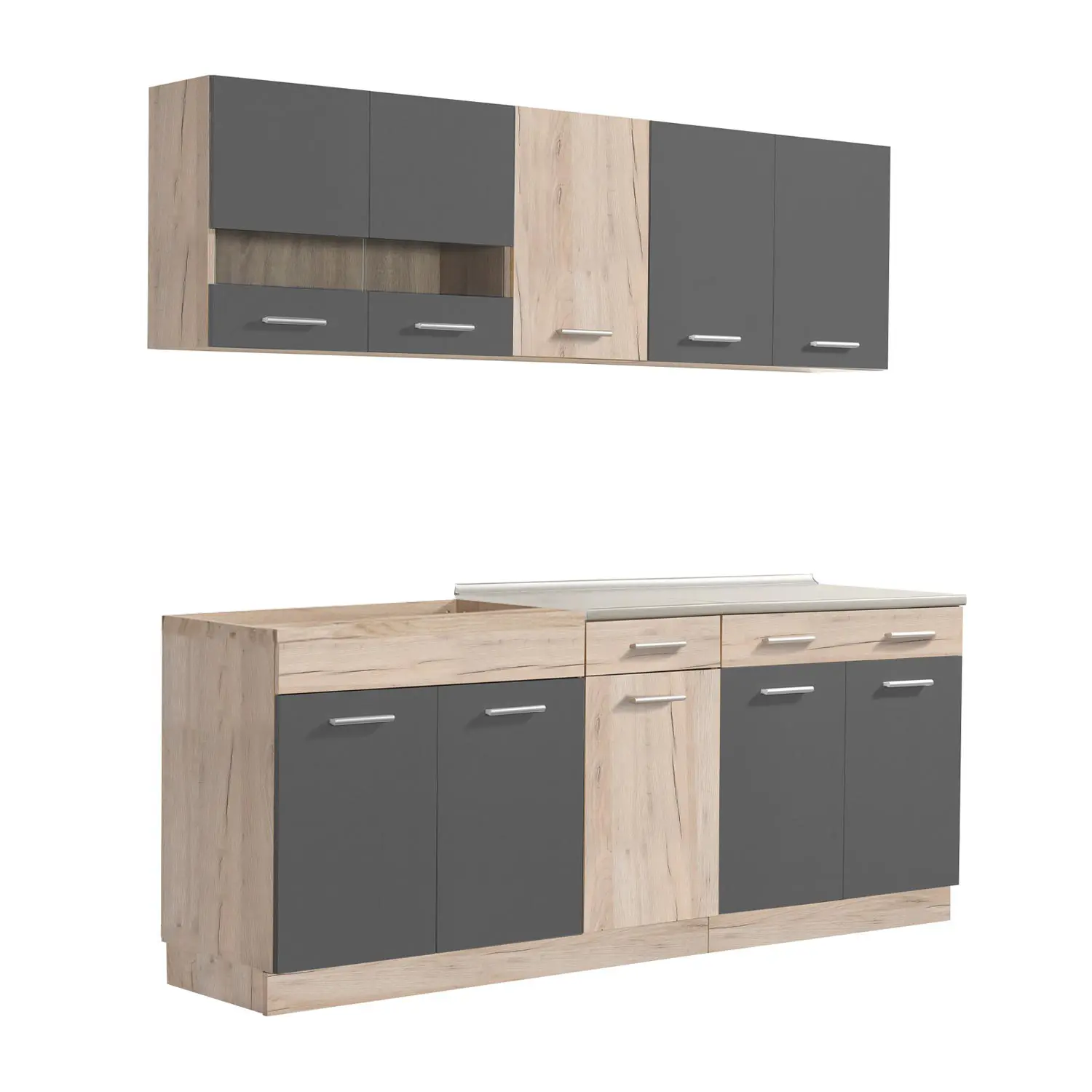 Modulküche 200 cm Breite – Küchenzeile mit Hängeschränken und Unterschränken – Farbe: Natur-Grau