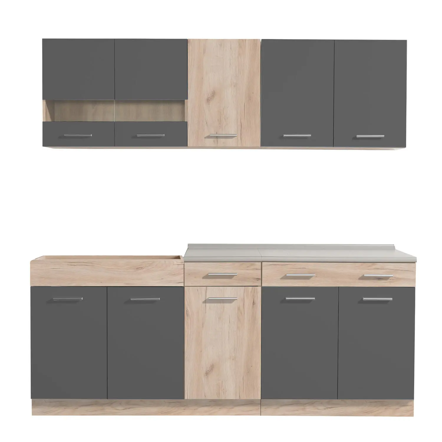 Modulküche 200 cm Breite – Küchenzeile mit Hängeschränken und Unterschränken – Farbe: Natur-Grau