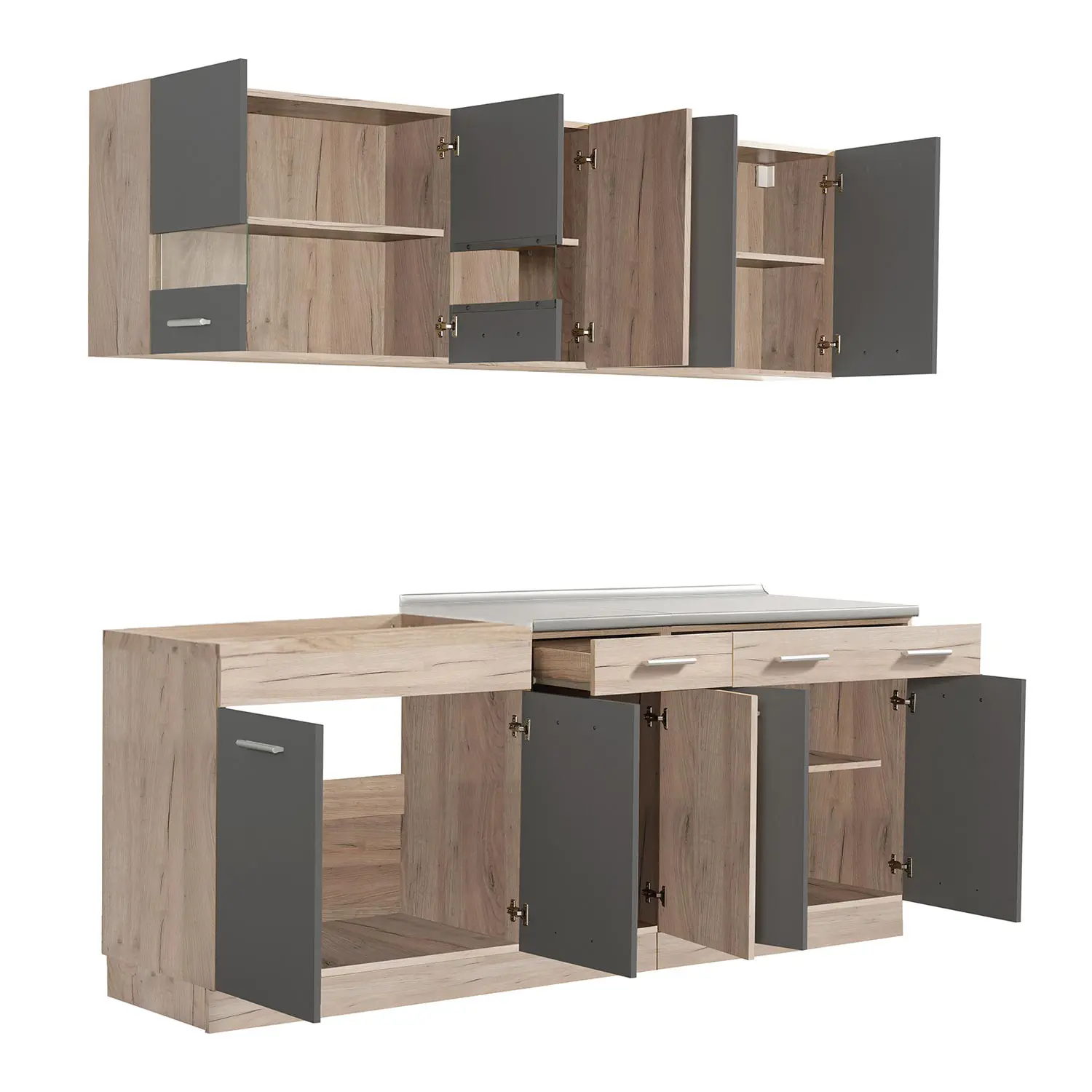 Modulküche 200 cm Breite – Küchenzeile mit Hängeschränken und Unterschränken – Farbe: Natur-Grau