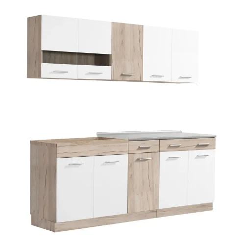 Modulküche 200 cm Breite – Küchenzeile mit Hängeschränken und Unterschränken – Farbe: Natur-Weiß