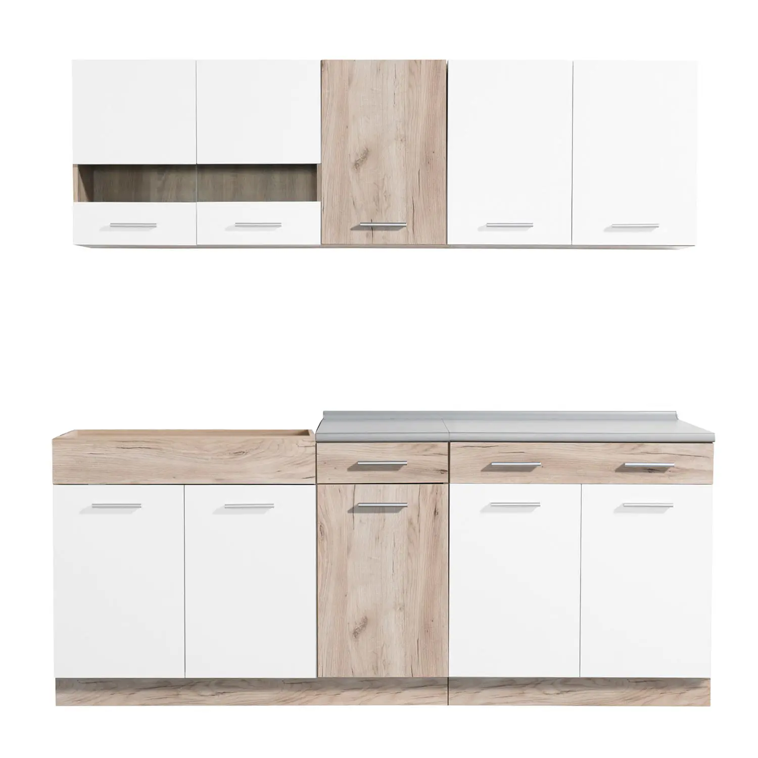 Modulküche 200 cm Breite – Küchenzeile mit Hängeschränken und Unterschränken – Farbe: Natur-Weiß