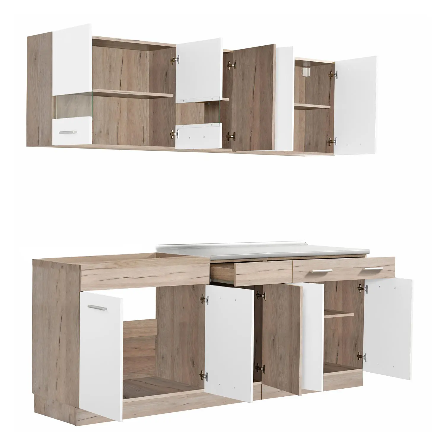 Modulküche 200 cm Breite – Küchenzeile mit Hängeschränken und Unterschränken – Farbe: Natur-Weiß