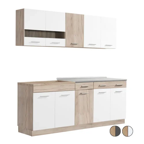 Modulküche 200 cm Breite – Küchenzeile mit Hängeschränken und Unterschränken – Farbe-Auswahl: Natur-Weiß Natur-Grau