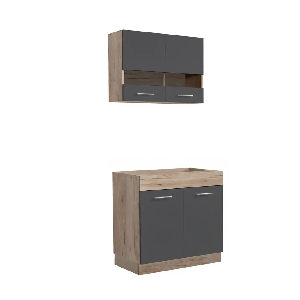 Kücheneinheit 80 cm Breite - Unterschrank und Oberschrank mit einem Glaselement - Farbe: Natur-Grau