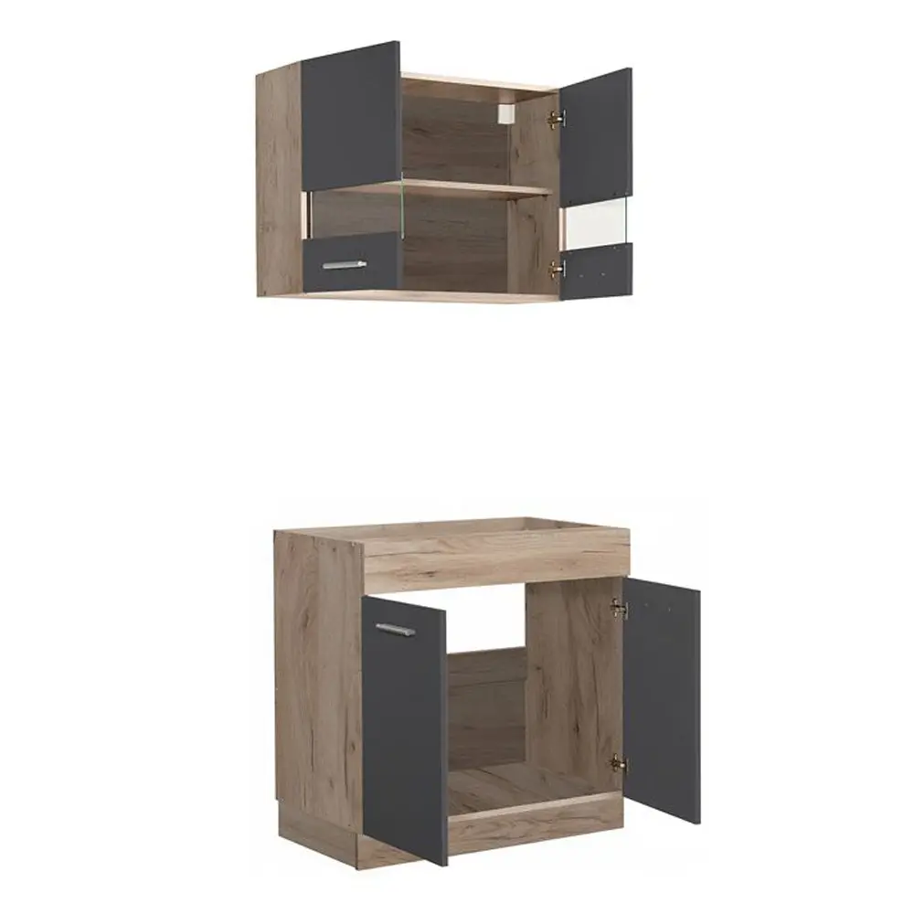 Kücheneinheit 80 cm Breite - Unterschrank und Oberschrank mit einem Glaselement - Farbe: Natur-Grau
