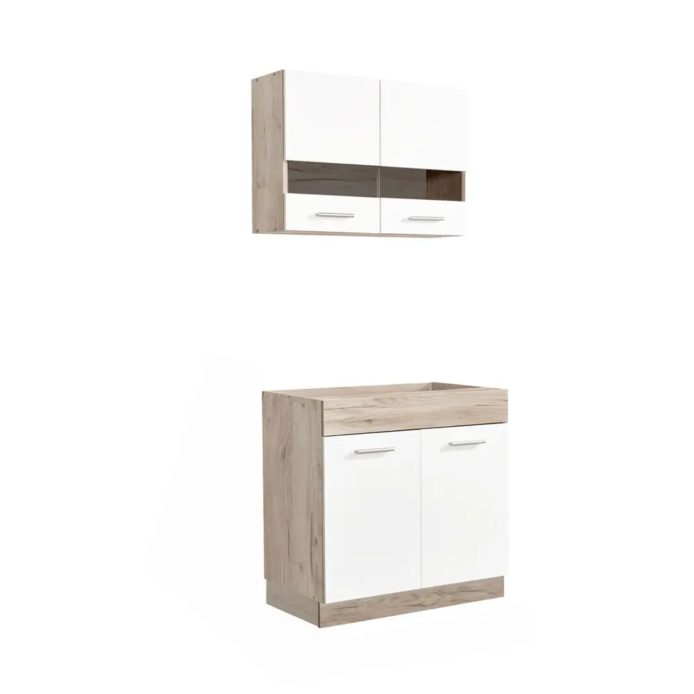 Kücheneinheit 80 cm Breite - Unterschrank und Oberschrank mit einem Glaselement - Farbe: Natur-Weiß