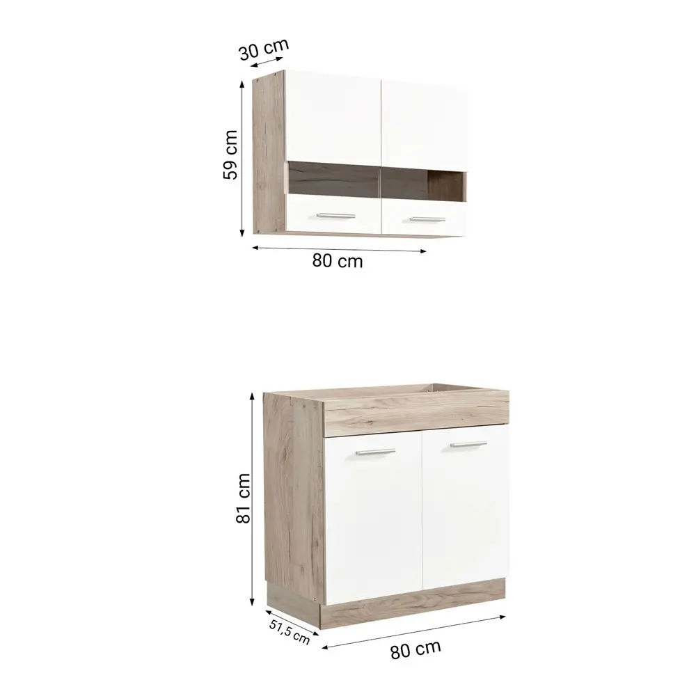 Kücheneinheit 80 cm Breite - Unterschrank und Oberschrank mit einem Glaselement - Farbe: Natur-Weiß