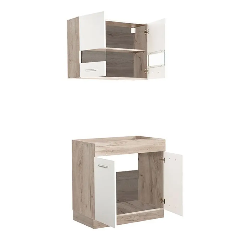 Kücheneinheit 80 cm Breite - Unterschrank und Oberschrank mit einem Glaselement - Farbe: Natur-Weiß