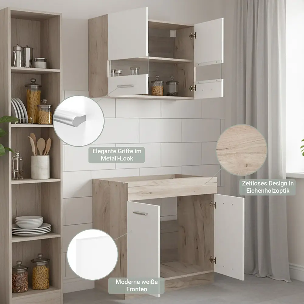 Kücheneinheit 80 cm Breite - Unterschrank und Oberschrank mit einem Glaselement - Farbe: Natur-Weiß