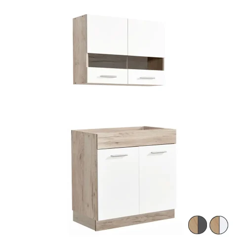Kücheneinheit 80 cm Breite - Unterschrank und Oberschrank mit einem Glaselement - Farbe-Auswahl: Natur-Weiß Natur-Grau
