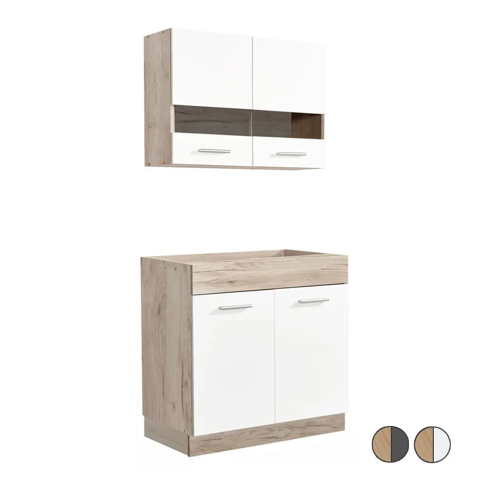 Kücheneinheit 80 cm Breite - Unterschrank und Oberschrank mit einem Glaselement - Farbe-Auswahl: Natur-Weiß Natur-Grau