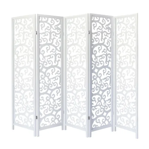 Geprüfte Retourware – Paravent Raumteiler 5-teilig, 215x175cm - Holz mit Holzverzierung - Weiß