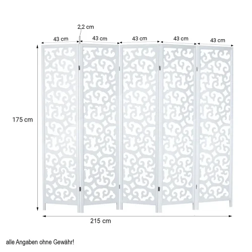 Geprüfte Retourware – Paravent Raumteiler 5-teilig, 215x175cm - Holz mit Holzverzierung - Weiß