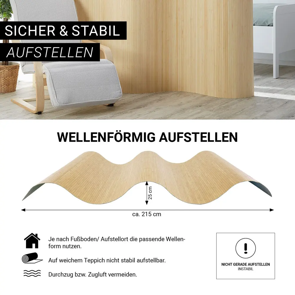 Paravent 250 cm Breite 145 cm Höhe – Raumteiler aus Bambus in Wellenoptik – Farbe: Natur