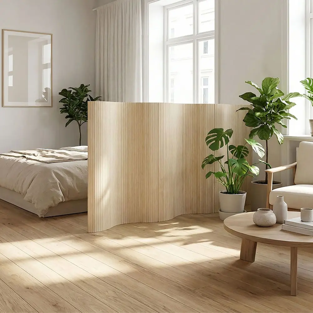 Paravent 250 cm Breite 145 cm Höhe – Raumteiler aus Bambus in Wellenoptik – Farbe: Natur